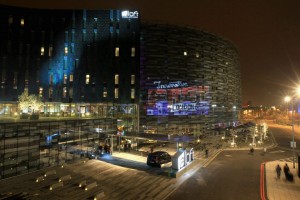 The winning artist's work was projected on the hotel