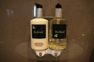 The toiletries are conveniently accessible for those who use the shower and for those who use the bath as well.